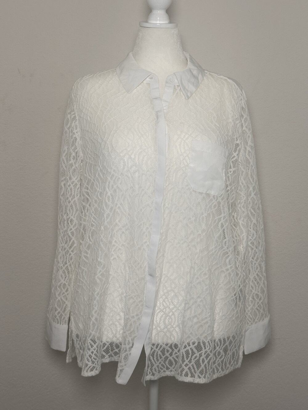 Alfani White Geometric Lace Sheer Collared Long Sleeve Button-Up Shirt L